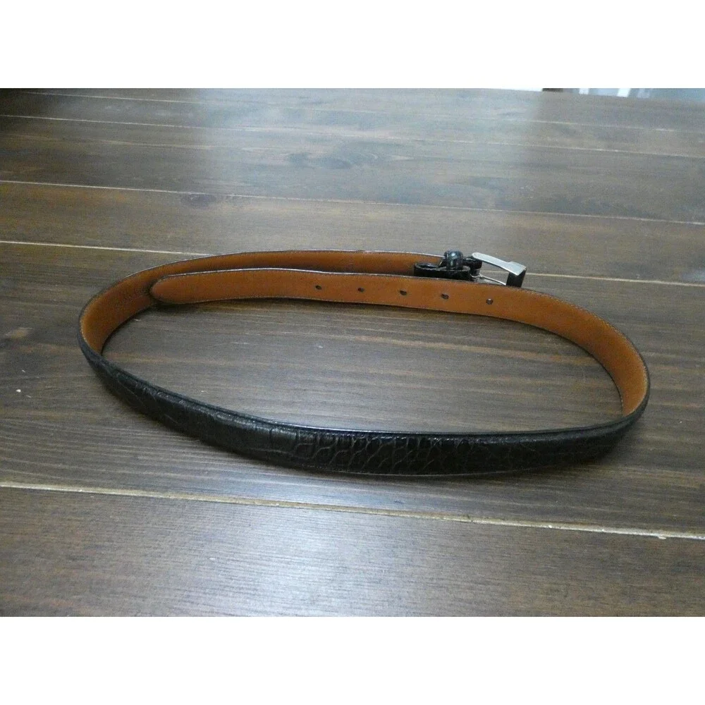 Ralph Lauren Womens S Black Alligator Leather Belt Silver Color Logo Buckle 32